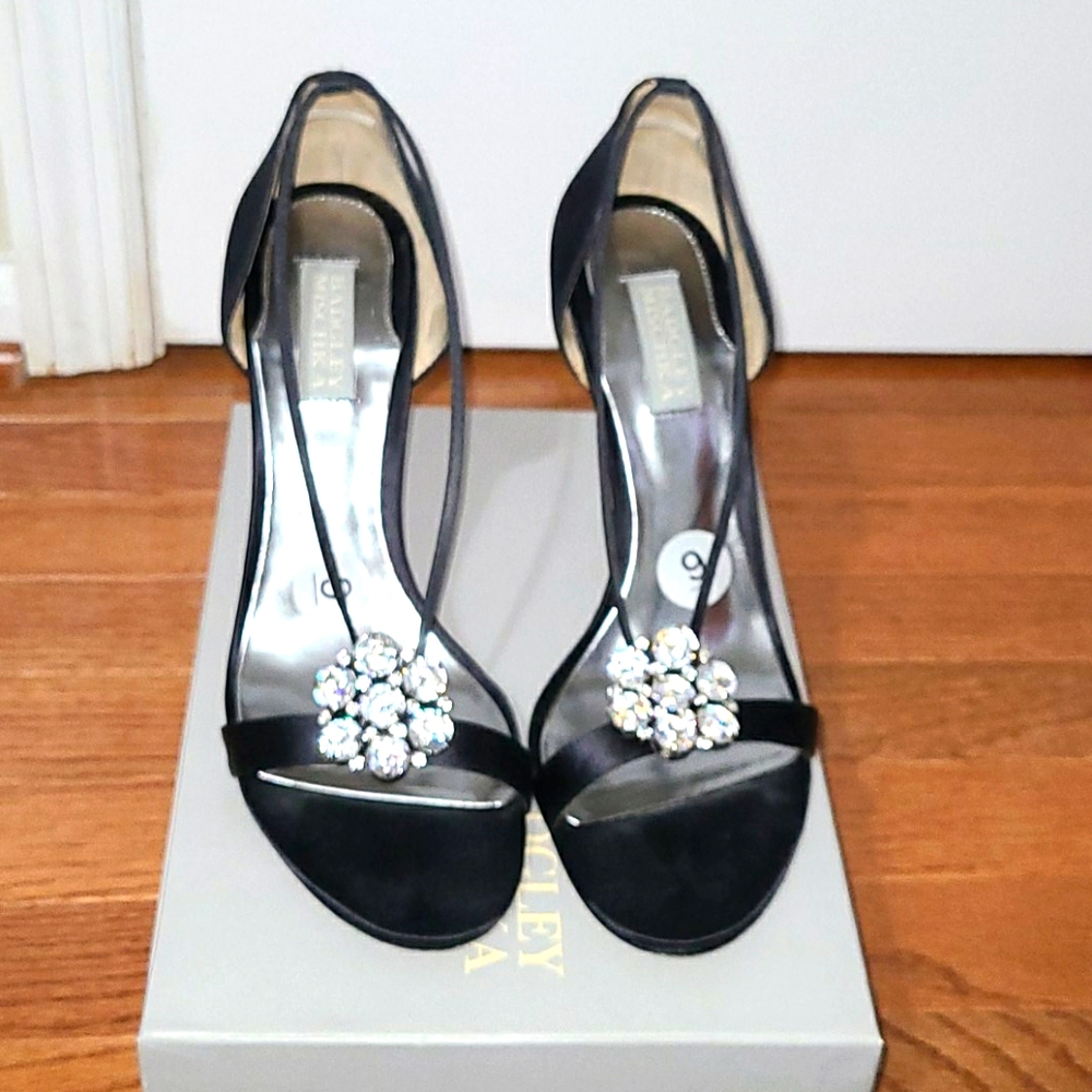 Badgley Mischka Black Satin Crystal-Embellished D'Orsay Heels